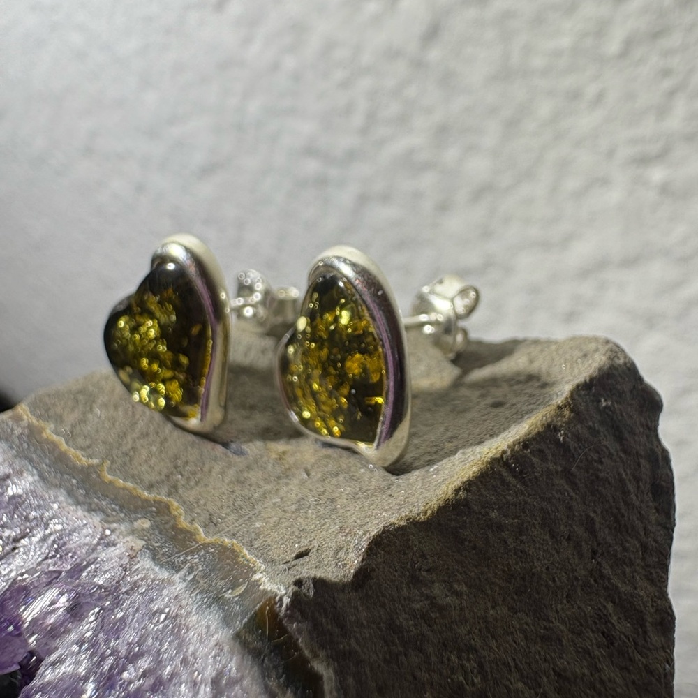 Green BALTIC AMBER Heart Post Earrings - Picture 4 of 7